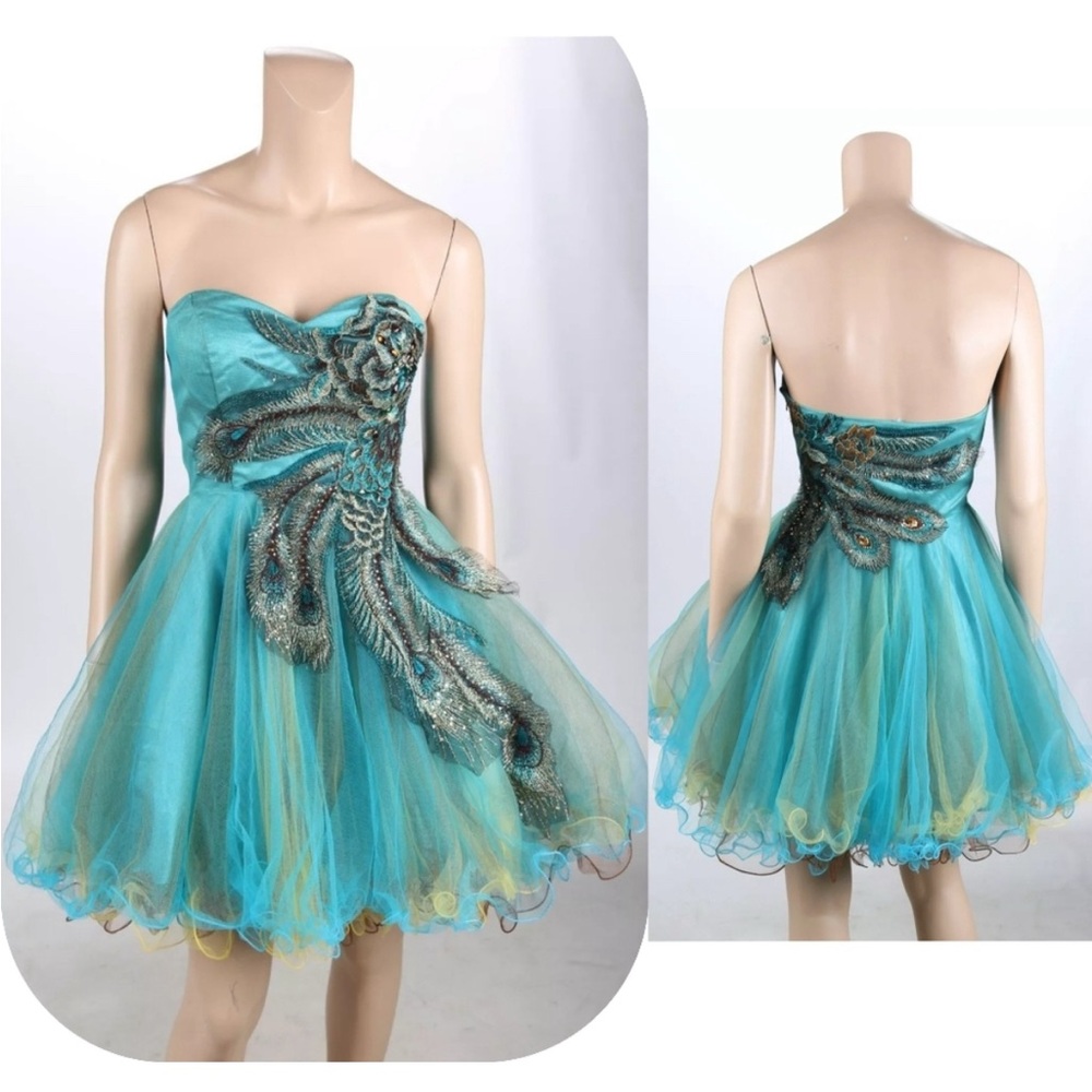 Windsor Turquoise Yellow Peacock Embroidered Short Prom Party Dress size 4